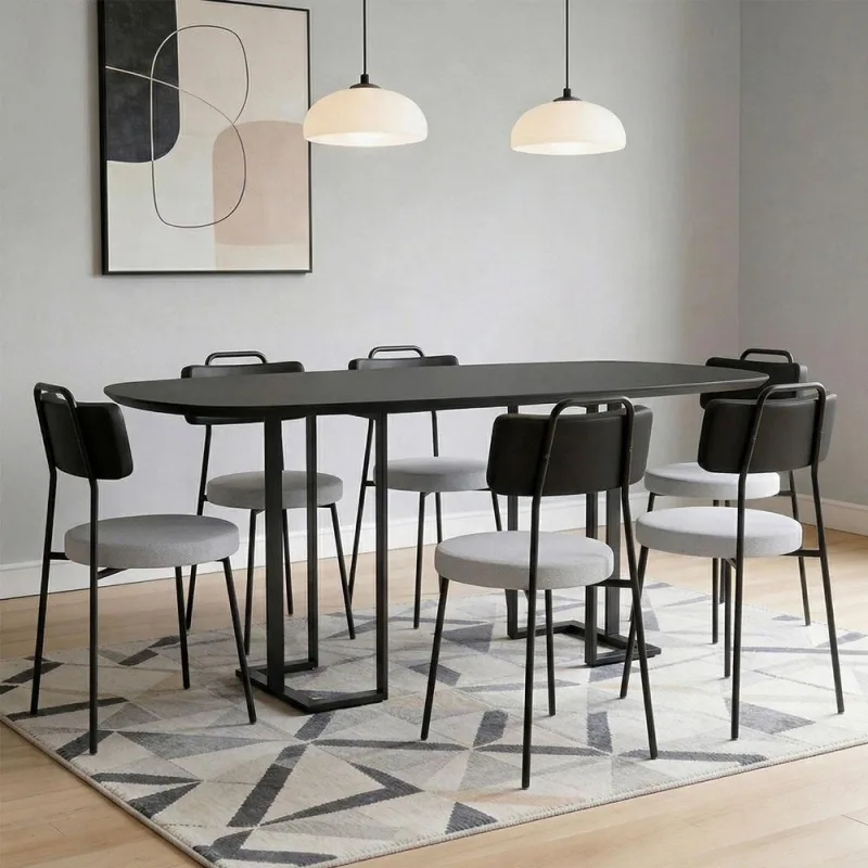 Mesa Retangular Alina 180cm Preto Com 6 Cadeiras Barcelona N01 Couríssimo Preto Linho Cinza - Lyam Decor - Lyam Decor