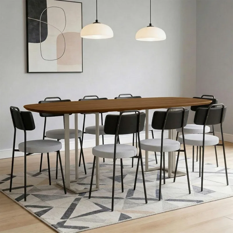 Mesa Retangular Alina 200cm Cinamomo Champanhe Com 8 Cadeiras Barcelona N01 Couríssimo Preto Linho Cinza - Lyam Decor - Lyam Decor - Móveis