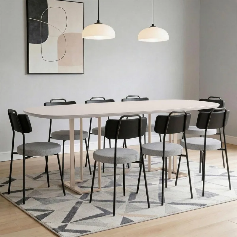 Mesa Retangular Alina 200cm Off White Champanhe Com 8 Cadeiras Barcelona N01 Couríssimo Preto Linho Cinza - Lyam Decor - Lyam Decor - Móveis