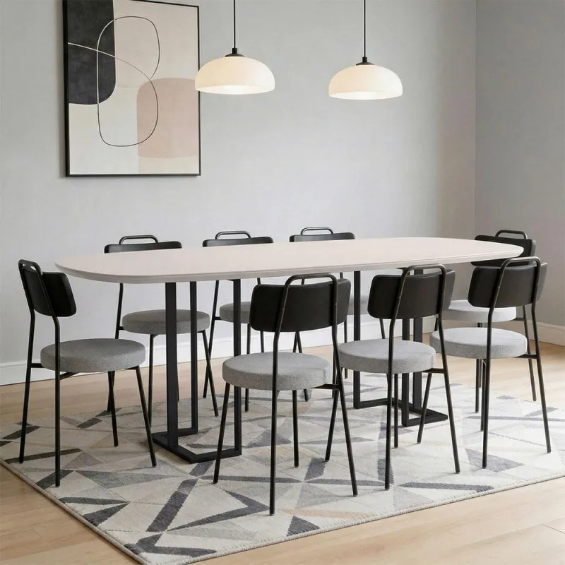 Mesa Retangular Alina 200cm Off White Preto Com 8 Cadeiras Barcelona N01 Couríssimo Preto Linho Cinza - Lyam Decor - Lyam Decor