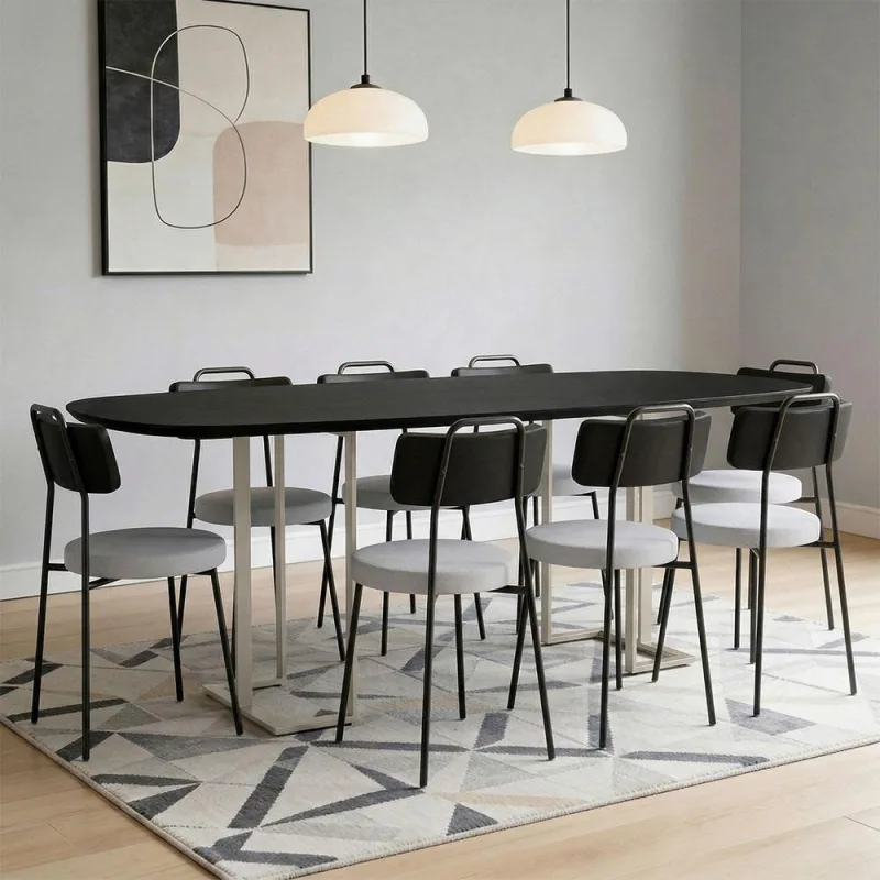 Mesa Retangular Alina 200cm Preto Champanhe Com 8 Cadeiras Barcelona N01 Couríssimo Preto Linho Cinza - Lyam Decor - Lyam Decor - Móveis