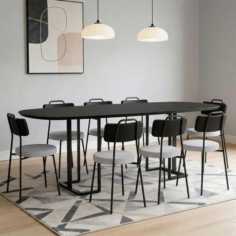 Mesa Retangular Alina 200cm Preto Com 8 Cadeiras Barcelona N01 Couríssimo Preto Linho Cinza - Lyam Decor - Lyam Decor - Móveis