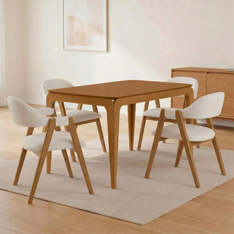 Mesa Retangular Claris 120cm Ypê N01 com 4 Cadeiras Nadja Linho Cru - Lyam Decor - Lyam Decor - Móveis