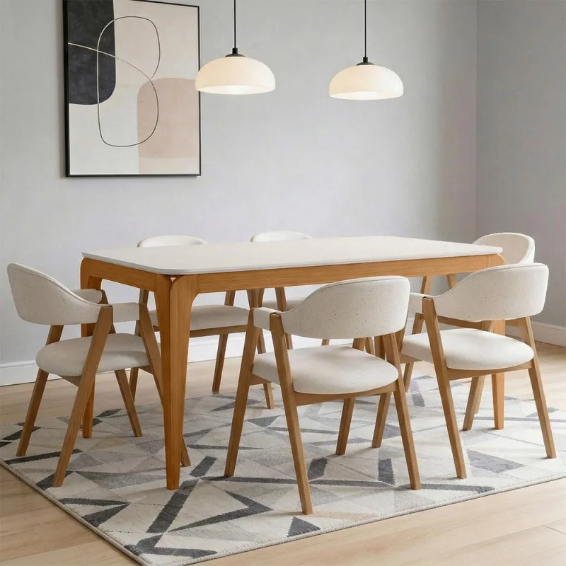 Mesa Retangular Tampo de Vidro Claris 160cm Ypê Off White N01 com 6 Cadeiras Nadja Linho Cru - Lyam Decor - Lyam Decor - Móveis