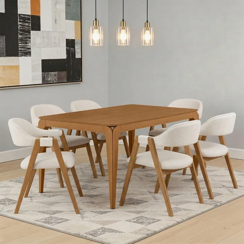 Mesa Retangular Claris 160cm Ypê N01 com 6 Cadeiras Nadja Linho Cru - Lyam Decor - Lyam Decor