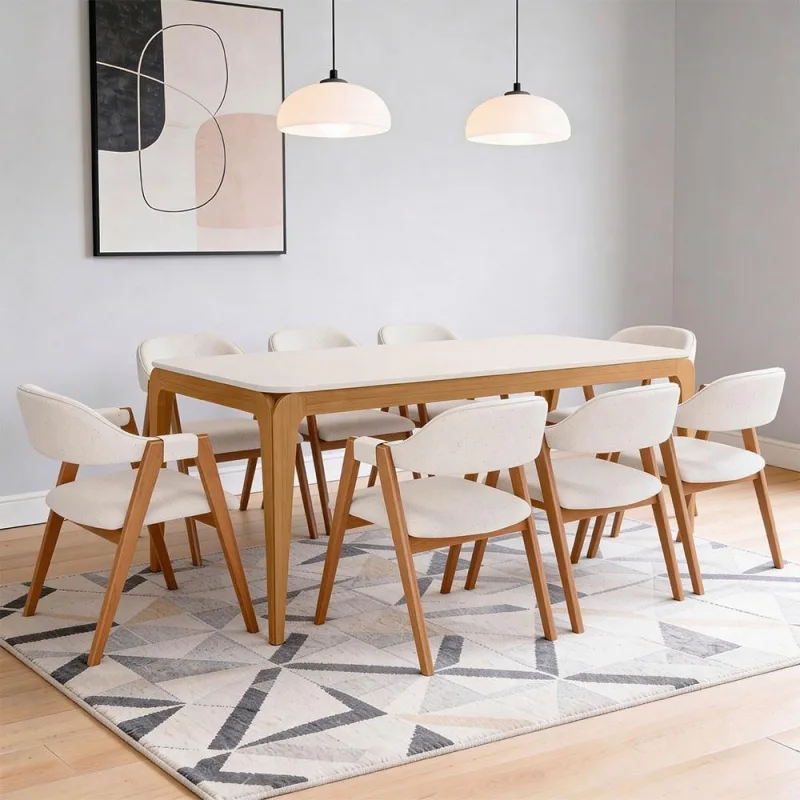 Mesa Retangular Tampo de Vidro Claris 180cm Ypê Off White N01 com 8 Cadeiras Nadja Linho Cru - Lyam Decor - Lyam Decor