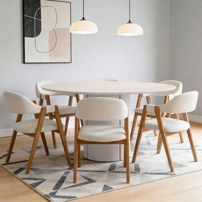 Mesa Redonda Tampo de Vidro Verbena 135cm Off White N01 com 6 Cadeiras Nadja Linho Cru - Lyam Decor - Lyam Decor - Móveis
