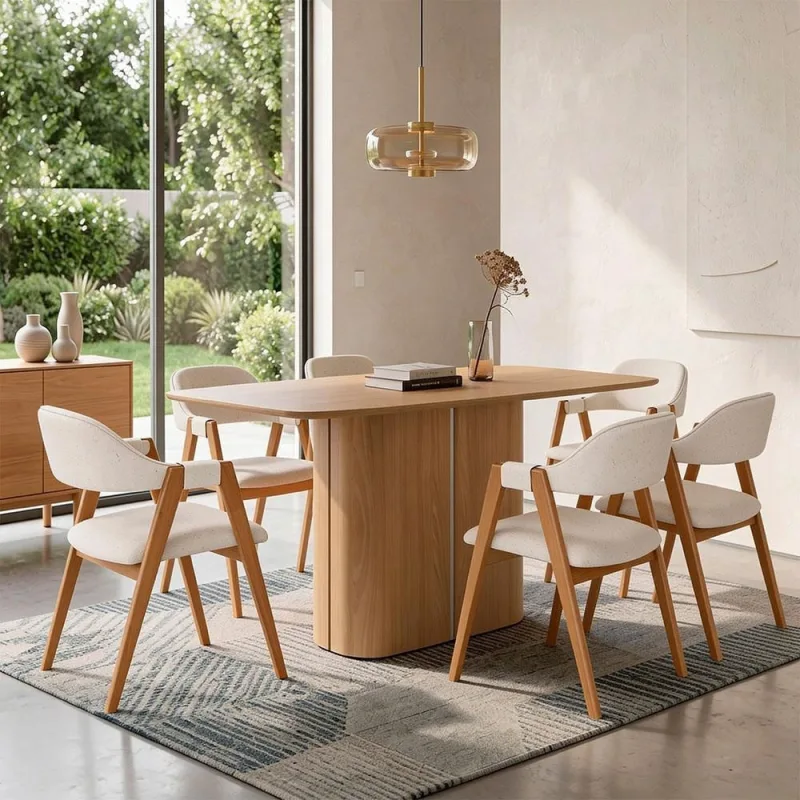 Mesa Retangular Verbena 160cm Ypê N01 com 6 Cadeiras Nadja Linho Cru - Lyam Decor - Lyam Decor - Móveis