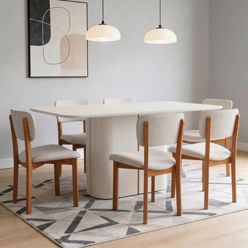 Mesa Retangular Tampo de Vidro Verbena 160cm Off White N01 com 6 Cadeiras Dara Linho Cru - Lyam Decor - Lyam Decor