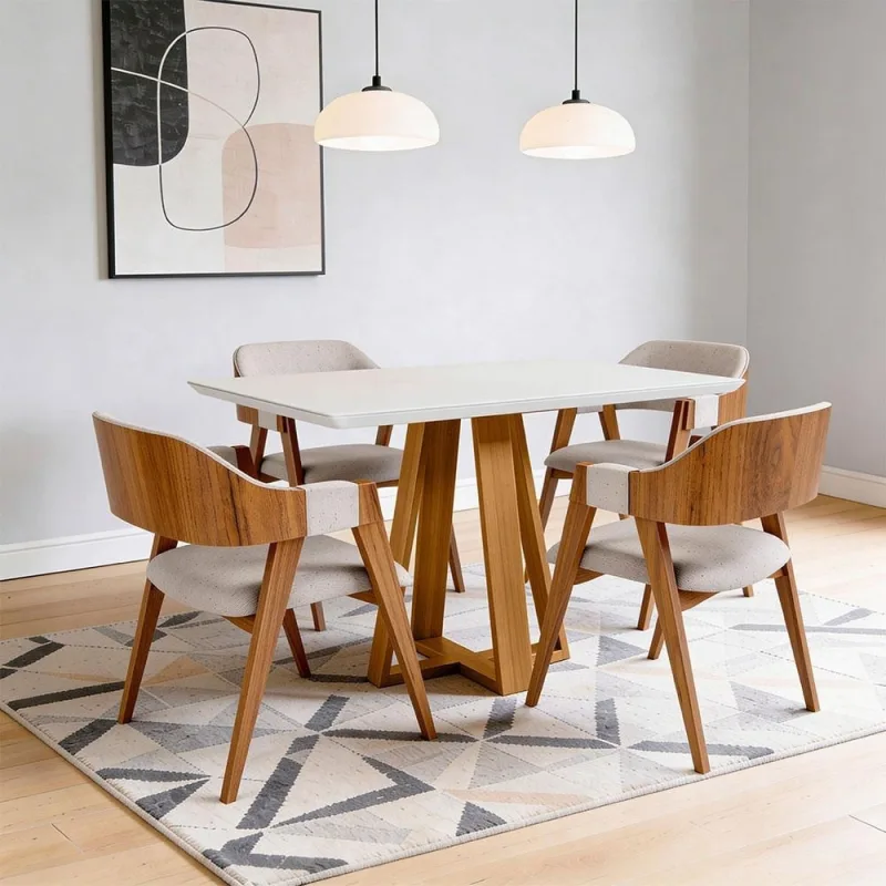 Mesa Retangular Elian Tampo de Vidro 120cm Ypê Off White N01 com 4 Cadeiras Suran Linho Cru - Lyam Decor - Lyam Decor - Móveis