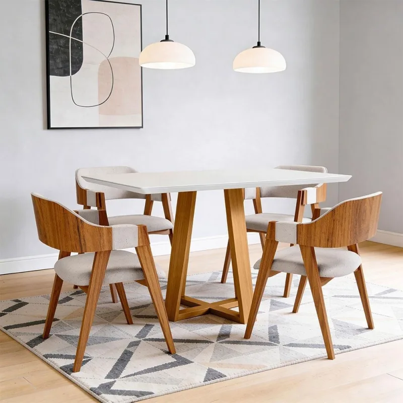 Mesa Retangular Elian Tampo de Vidro 135cm Ypê Off White N01 com 4 Cadeiras Suran Linho Cru - Lyam Decor - Lyam Decor