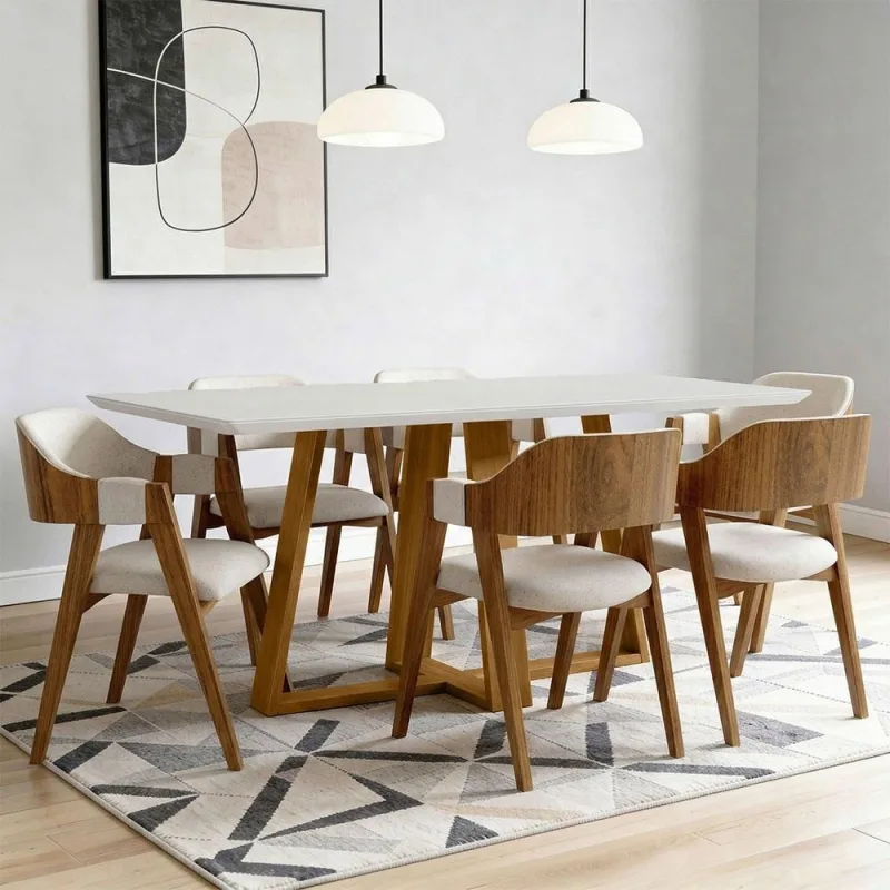 Mesa Retangular Elian Tampo de Vidro 160cm Ypê Off White N01 com 6 Cadeiras Suran Linho Cru - Lyam Decor - Lyam Decor - Móveis