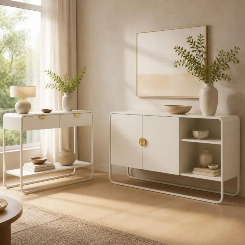 Kit Balcão Buffet 2 Portas e Aparador 2 Gavetas Para Sala de Jantar Industrial Alek A03 Off White - Lyam Decor - Lyam Decor - Móveis