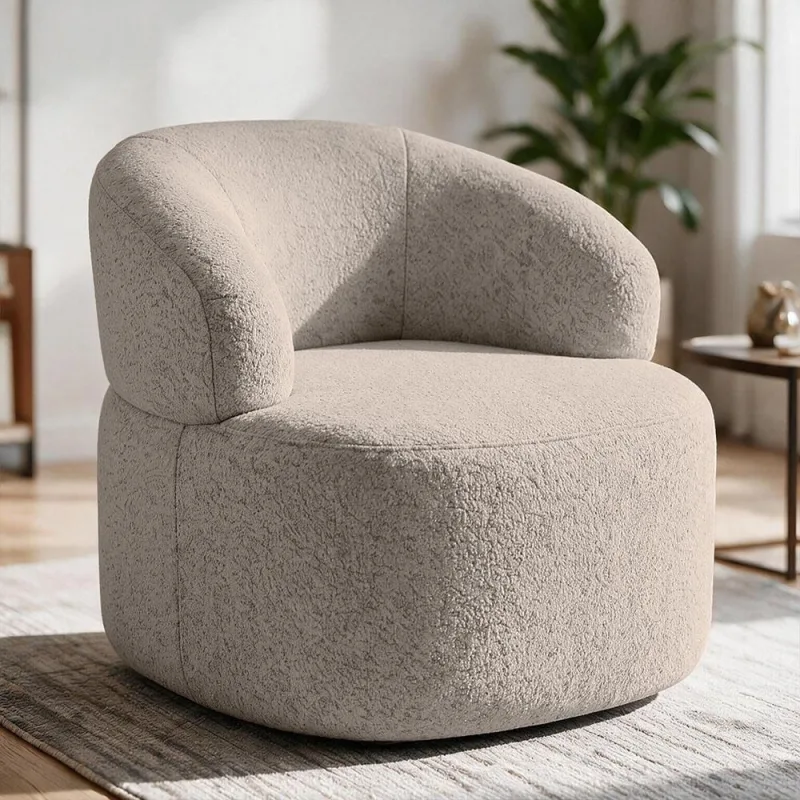 Poltrona Giratória Orgânica Para Sala de Estar Living Helena L02 Prime Bouclê Bege Escuro - Lyam Decor - Lyam Decor