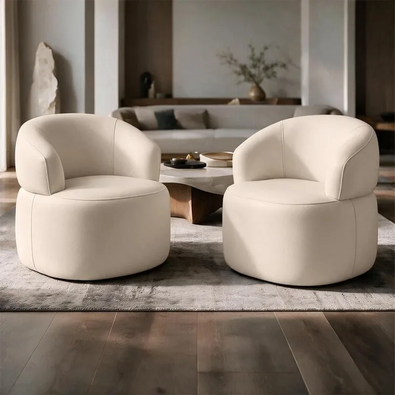 Kit 02 Poltronas Giratória Sala de Estar Living Orgânico Carmen F04 Couríssimo Off White - Lyam Decor - Lyam Decor