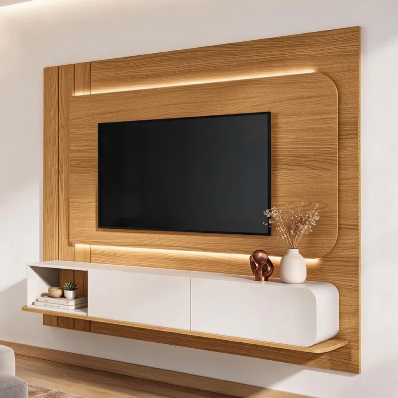 Painel Para TV 75 Pol com Bancada Suspensa e LED Legend B01 Cinamomo Off White - Lyam Decor - Lyam Decor