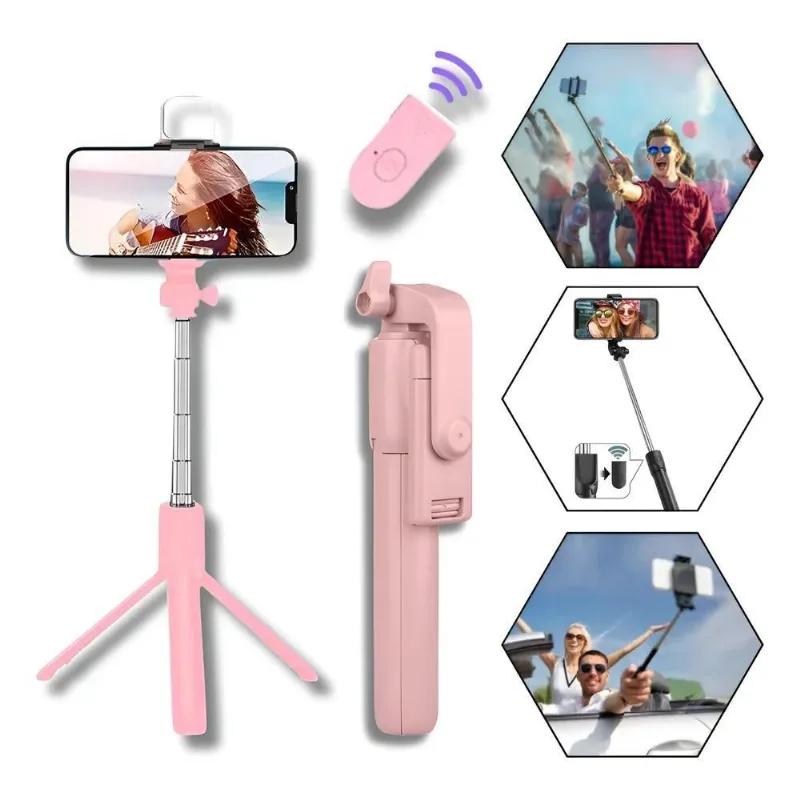 Bastão Pau De Selfie E Tripé Bluetooth Mesa Com Led 3 E Rosa