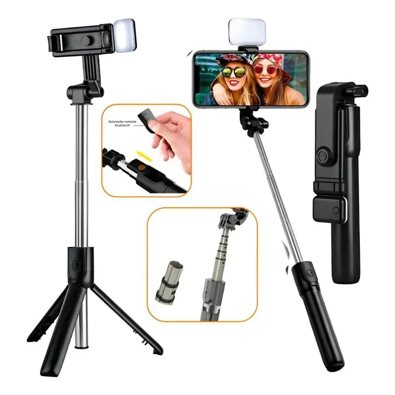 Tripé Bastão Pau De Selfie Controle Bluetooth Luz De Preto