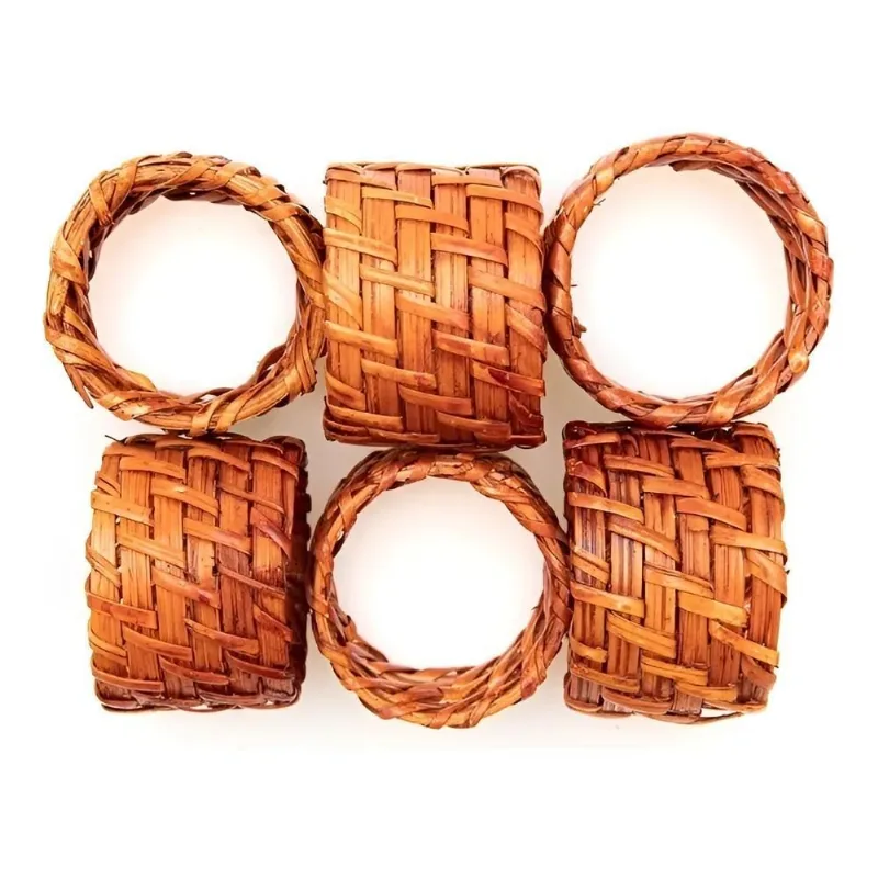 Kit 6 Anéis Para Guardanapo Em Rattan E Bambu Rústico