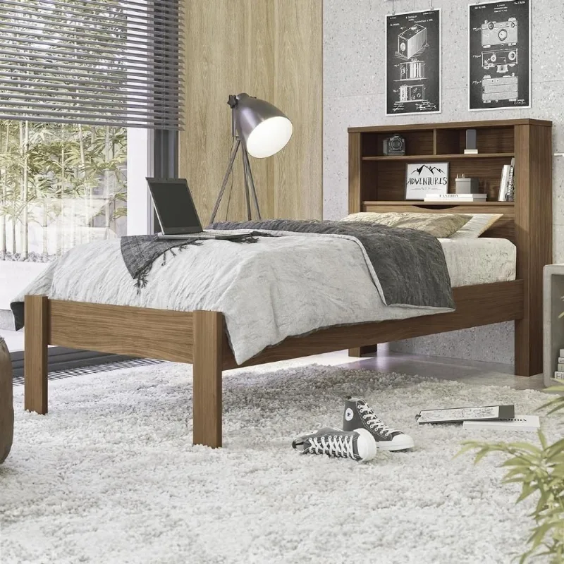 Cama Solteiro com Nichos Zuri Jatobá S01 com Baú e Tomada Integrada MDF-MDP Marrom Mpozenato - Mpozenato
