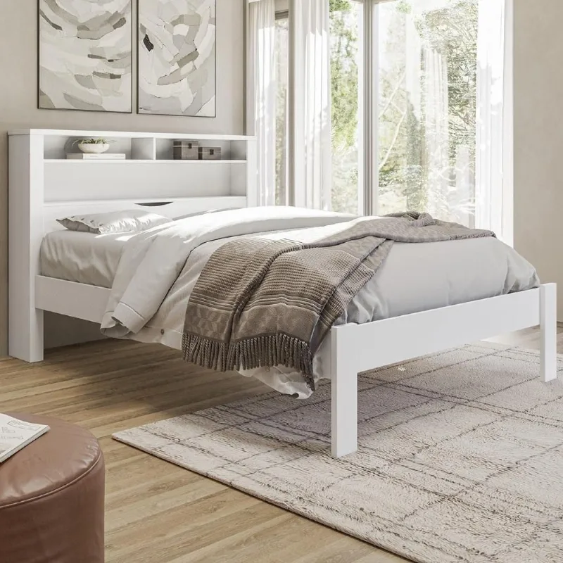 Cama Casal com Nichos Zuri S01 MDF MDP Branco Mpozenato 148CM - Mpozenato