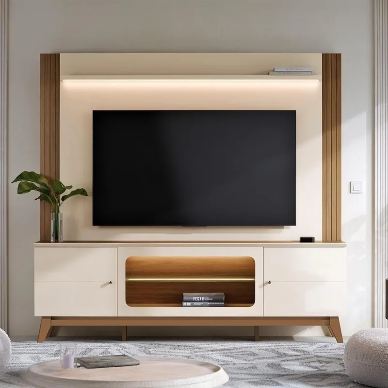 Estante Painel TV 70" 198CM MDP com LED Lugo Off White e Amêndoa Mpozenato - Mpozenato - Agro
