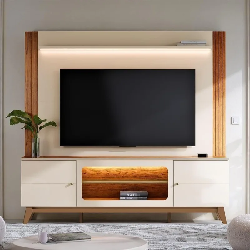 Estante Painel Tv 70 Pol 198CM MDP com LED Off White e Canela Mpozenato - Mpozenato - Agro