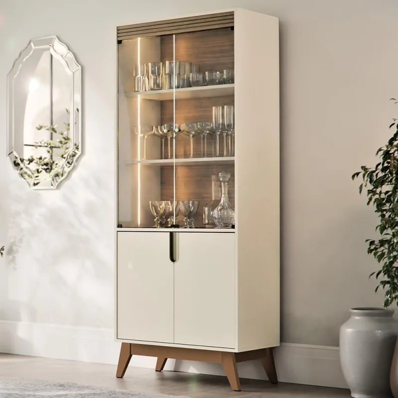 Cristaleira Cannes Z30 4 Portas de Vidro 3 Prateleiras MDP com Iluminação Off White e Amêndoa - Mpozenato - Agro