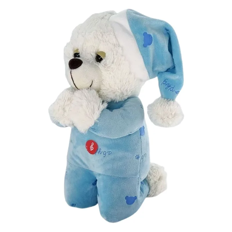 Ursinho de Pelúcia que Reza a Oração Pai Nosso Fofy Toys Pijama e Gorro Azul