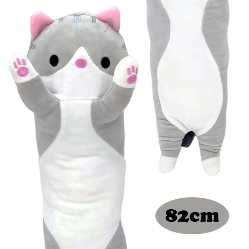 Bicho de Pelúcia Almofada Gatinho Cinza Fofy Toys 82cm Travesseiro Grande e Fofo