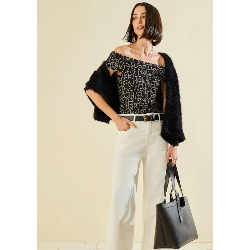 Blusa Morena Rosa Ajustada Ombro A Ombro Sem Manga Padrão Preto/Branco G - Morena Rosa