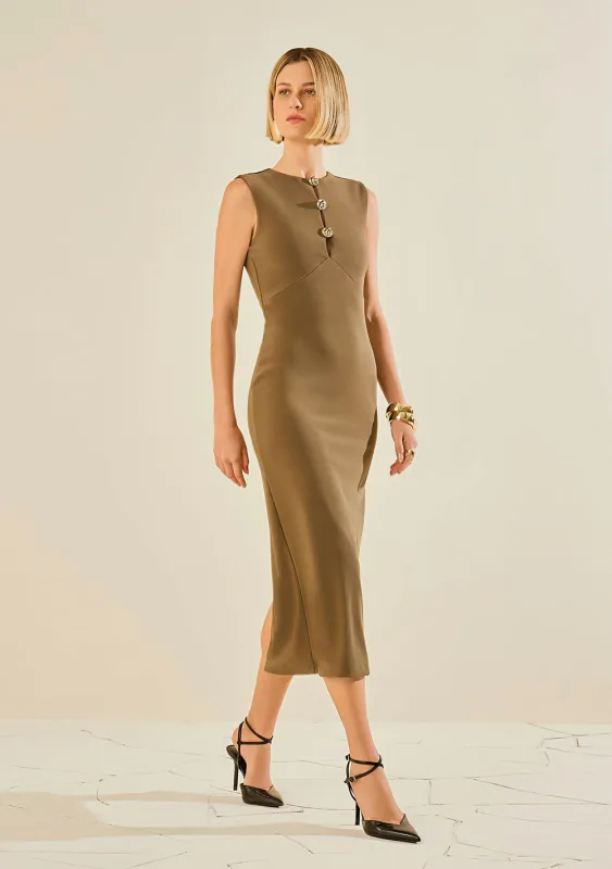 Vestido Morena Rosa Ajustado Decote Careca Manga Curta Midi Verde - Morena Rosa