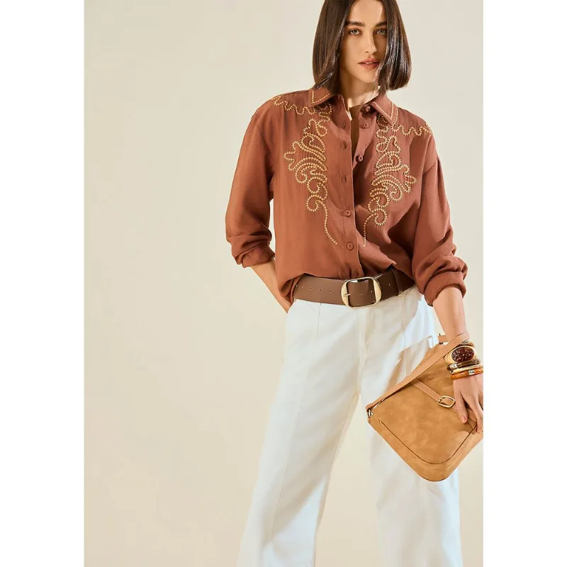 Blusa Morena Rosa Solta Gola Clássica Manga Longa Padrão Marrom G - Morena Rosa