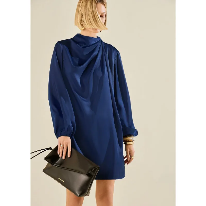 Vestido Morena Rosa Solto Gola Alta Manga Longa Curto Azul G - Morena Rosa