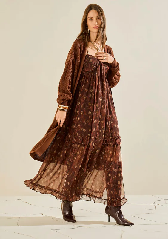 Vestido Morena Rosa Ajustado Decote Reto Com Alça Midi Marrom - Morena Rosa - Linhas