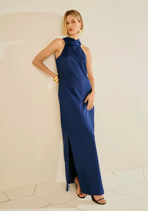 Vestido Morena Rosa Ajustado Gola Alta Manga Longa Longo Azul - Morena Rosa - Linhas