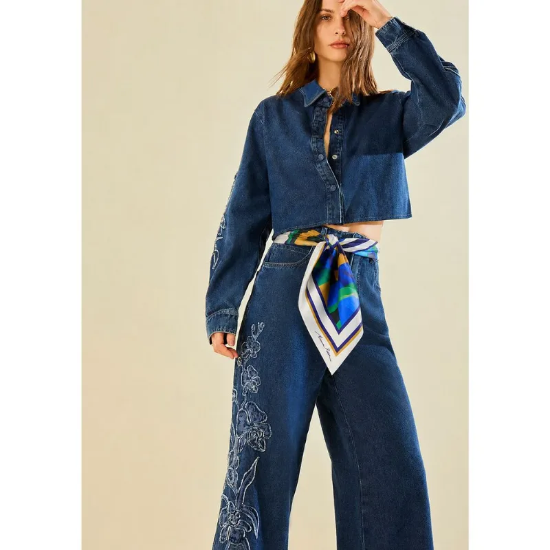 Camisa Morena Rosa Solta Gola Padre Manga Longa Padrão Azul P