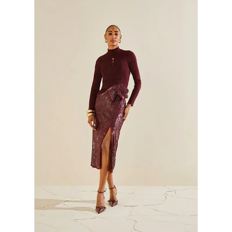 Blusa Morena Rosa Ajustada Gola Alta Manga Longa Padrão Bordo M - Morena Rosa