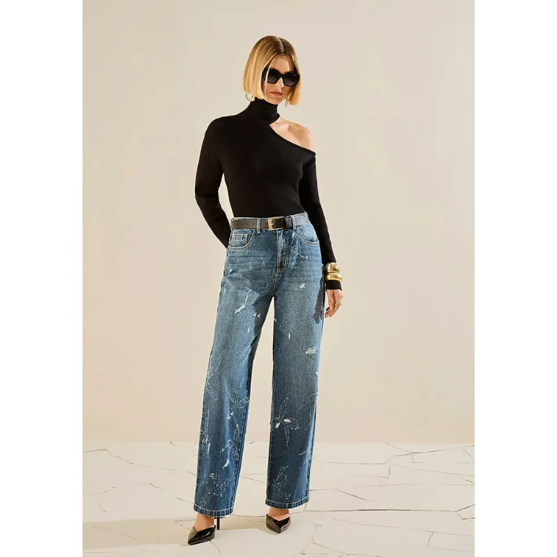 Blusa Morena Rosa Solta Gola Alta Manga Longa Padrão Preto P - Morena Rosa