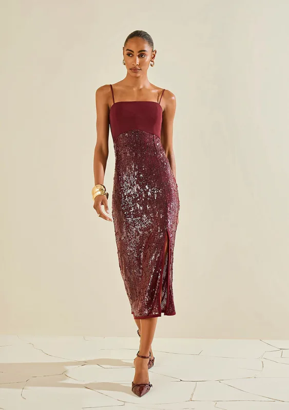 Vestido Morena Rosa Ajustado Decote V Sem Manga Midi Bordo - Morena Rosa