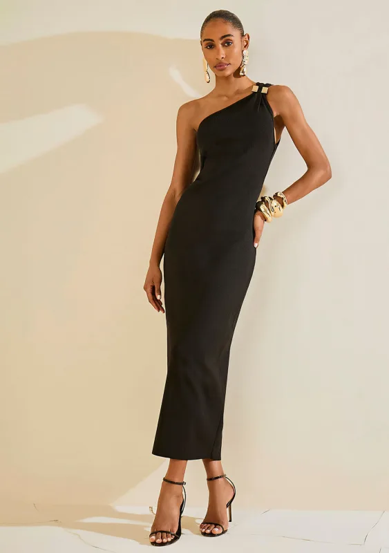 Vestido Morena Rosa Ajustado Um Ombro Só Sem Manga Midi Preto - Morena Rosa
