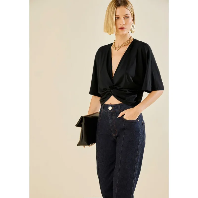 Blusa Morena Rosa Ajustada Decote V Manga Curta Padrão Preto M