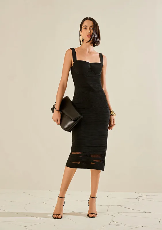 Vestido Morena Rosa Ajustado Decote Reto Com Alça Midi Preto - Morena Rosa - Linhas