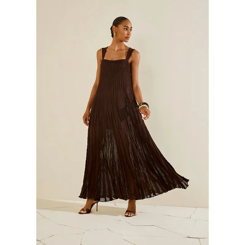Vestido Morena Rosa Solto Decote Reto Com Alça Longo Marrom M
