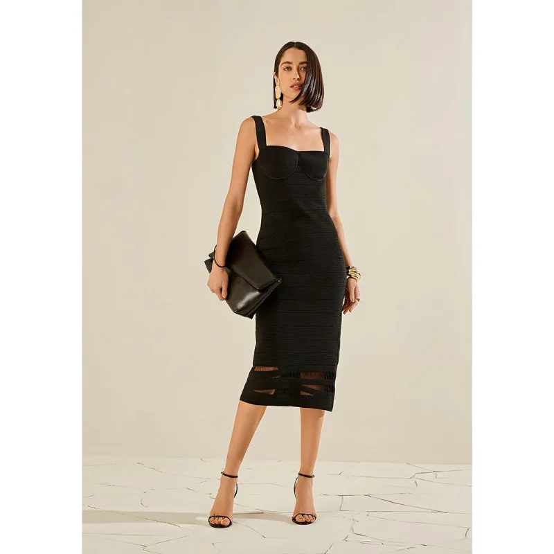Vestido Morena Rosa Ajustado Decote Reto Com Alça Midi Preto M - Morena Rosa