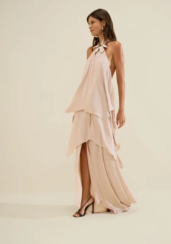 Vestido Gola Alta Aéria Bege - Morena Rosa