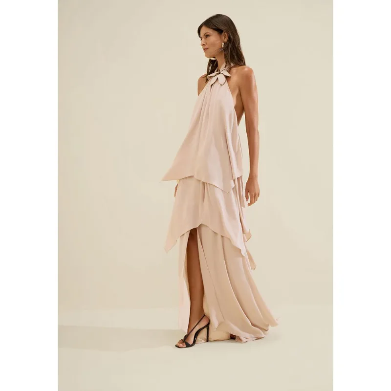 Vestido Gola Alta Aéria Bege G - Morena Rosa