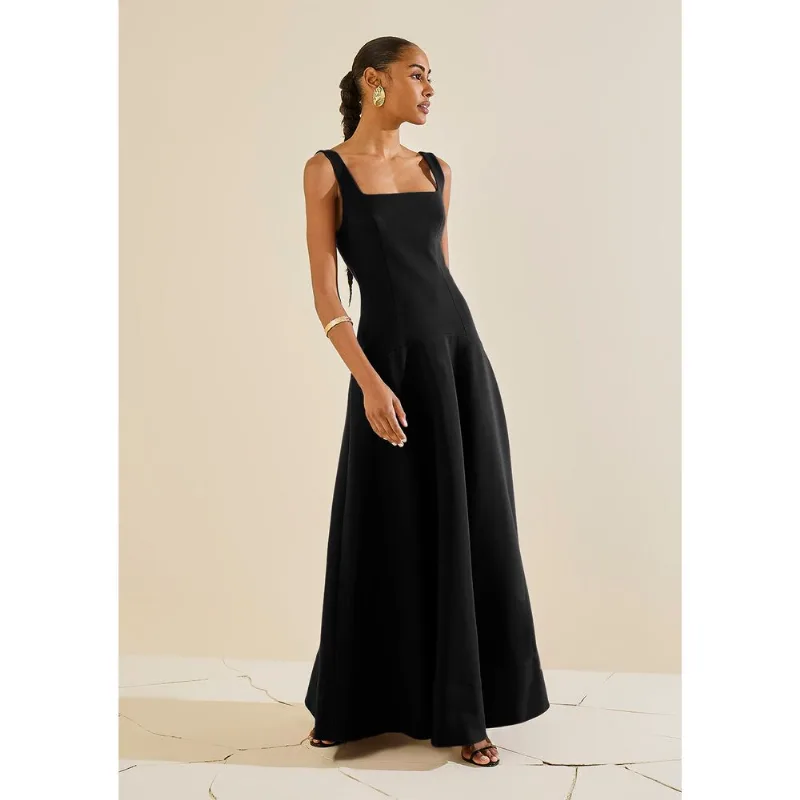 Vestido Ajustado Decote Reto Com Alca Longo Preto M - Morena Rosa