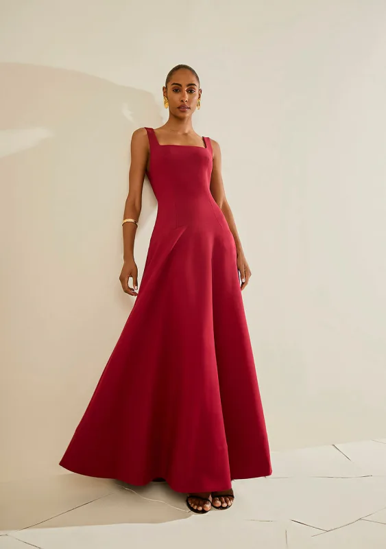 Vestido Ajustado Decote Reto Com Alca Longo Vermelho - Morena Rosa - Linhas
