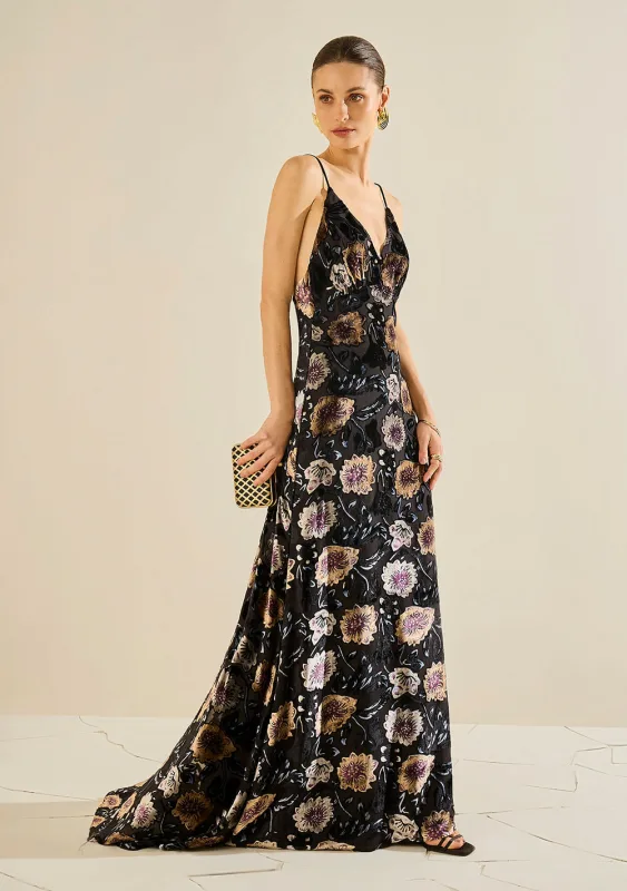 Vestido Ajustado Decote V Com Alca Longo Preto - Morena Rosa
